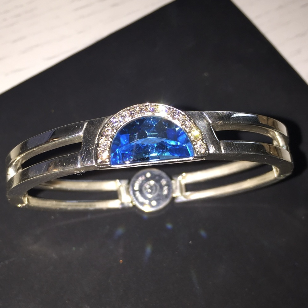 💎MOVADO-BLUE TOPAZ w/0.420carat DIAMONDS,18k WHITEGOLD& SOLID ST SILVER Dbl Band - Picture 5 of 11
